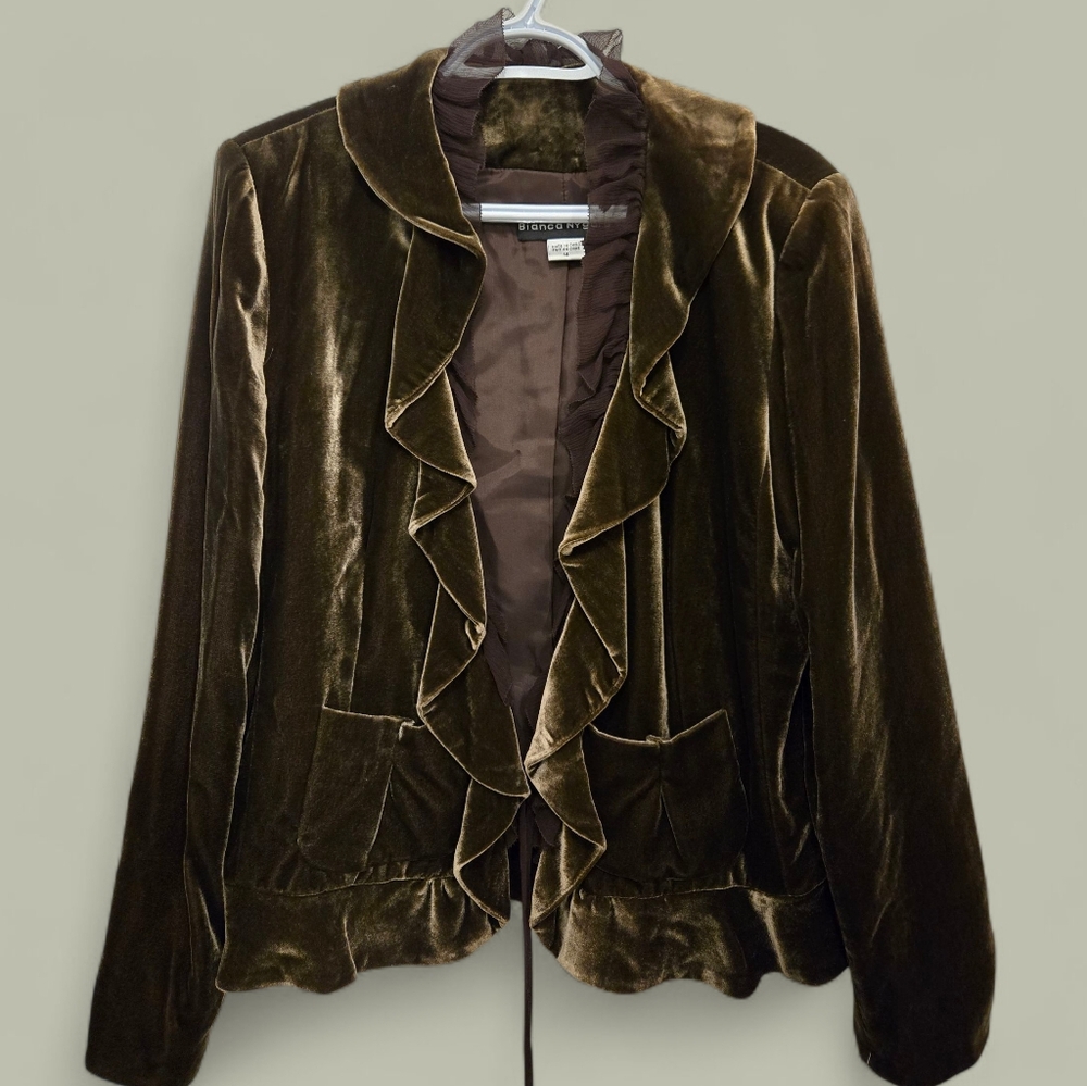 Bianca Nygard Brown Velvet & Silk Ruffled Blazer Size 14
